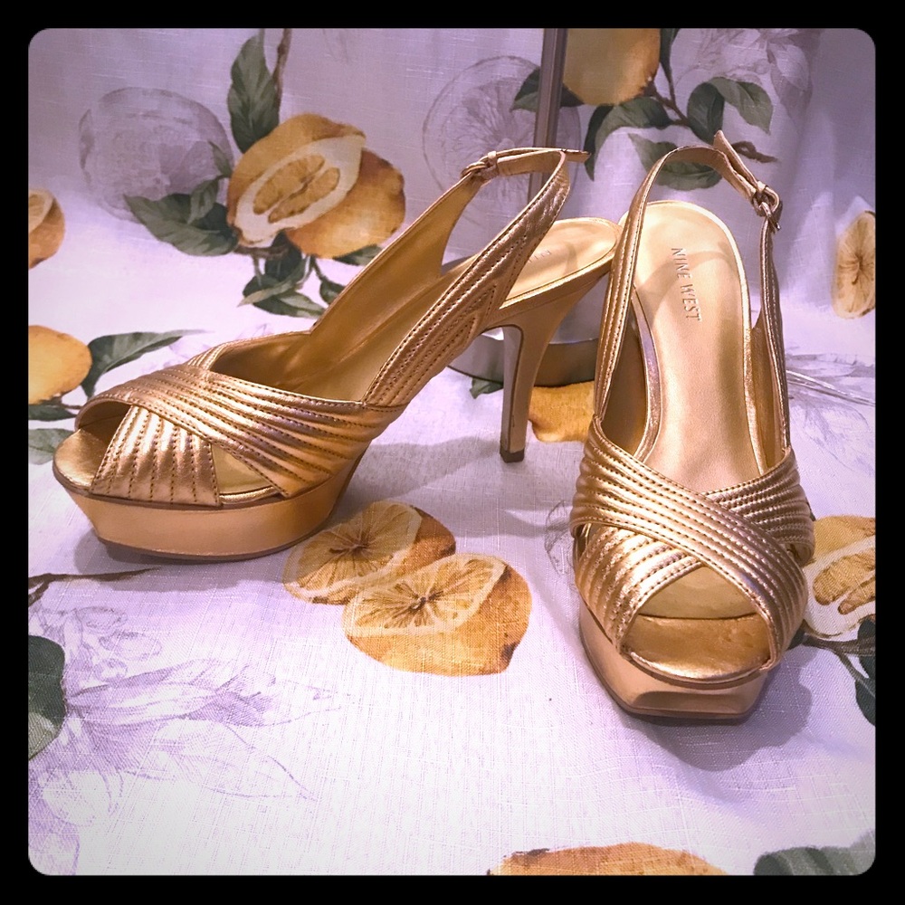 Gold Nine West sling back platform heels